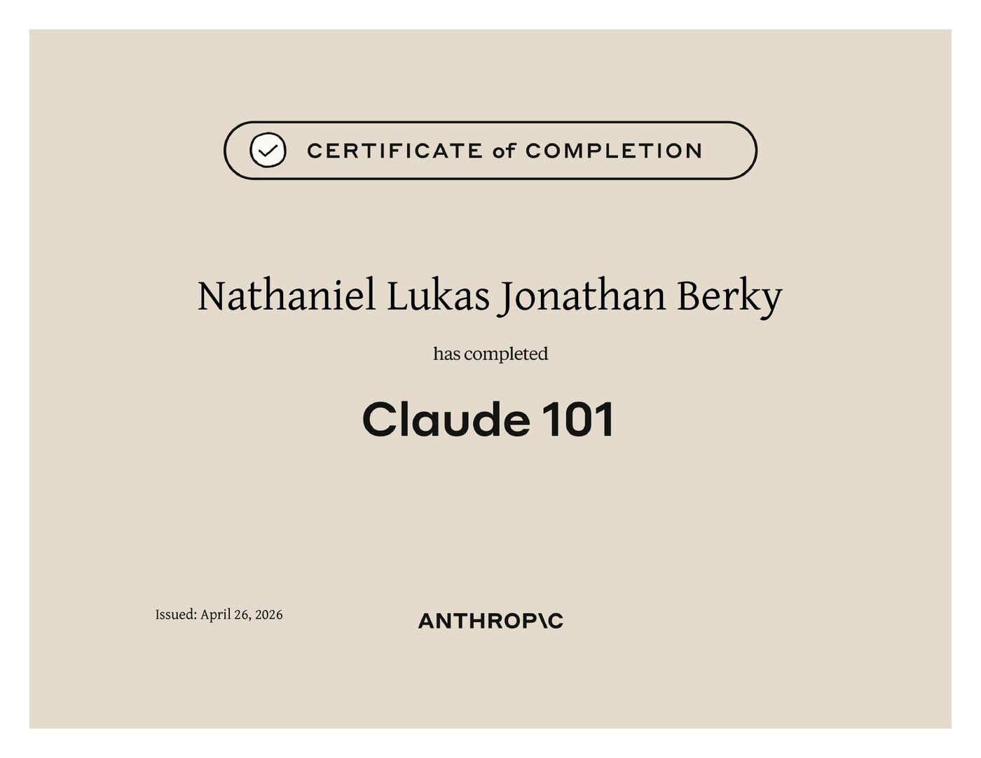 Claude 101 certificate by Anthropic