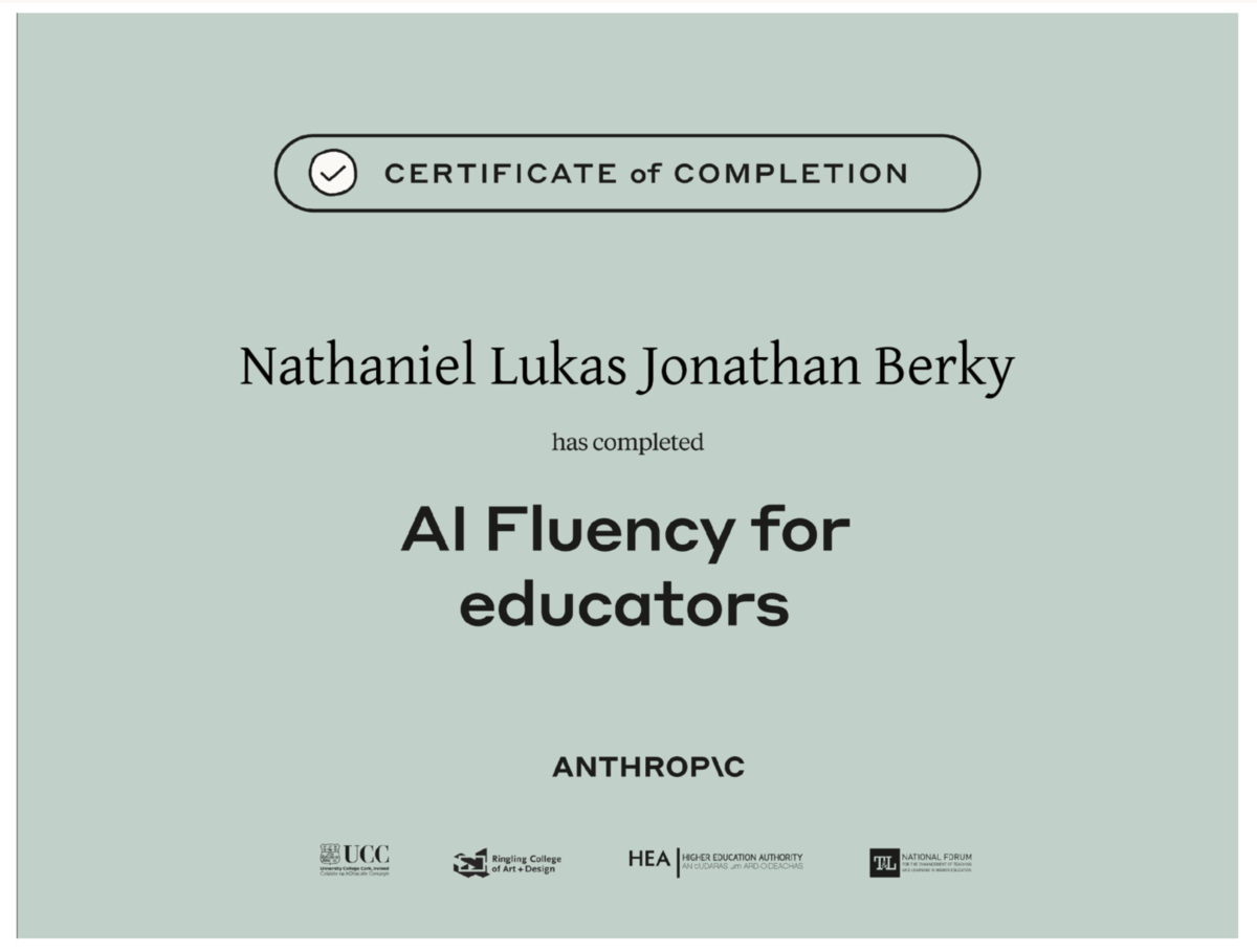 AI Fluency for Educators certificate by Anthropic · UCC · Ringling College · HEA · National Forum