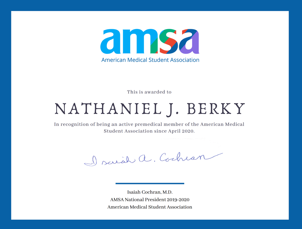 AMSA Premedical Membership certificate by American Medical Student Association